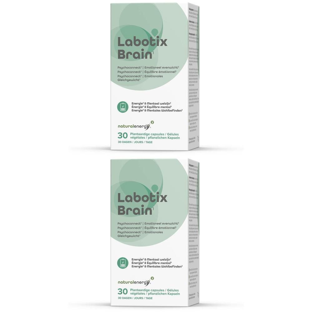 Zwei Packungen Labotix Brain Kapseln, 30 pflanzliche Kapseln pro Packung.