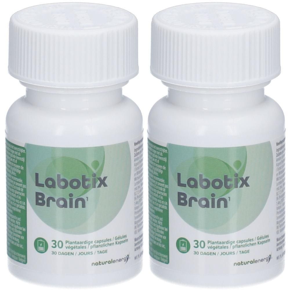 Zwei weiße Behälter mit Labotix Brain Kapseln. Jede Flasche enthält 30 pflanzliche Kapseln.