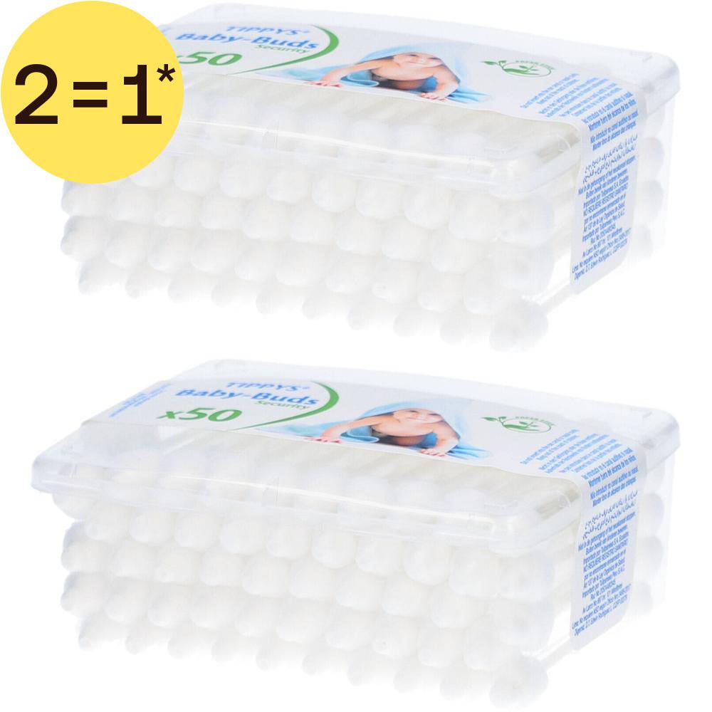 Deux paquets de cotons-tiges pour bébé Tippys, 50 pièces chacun. Boîtes en plastique transparent avec cotons-tiges blancs.
