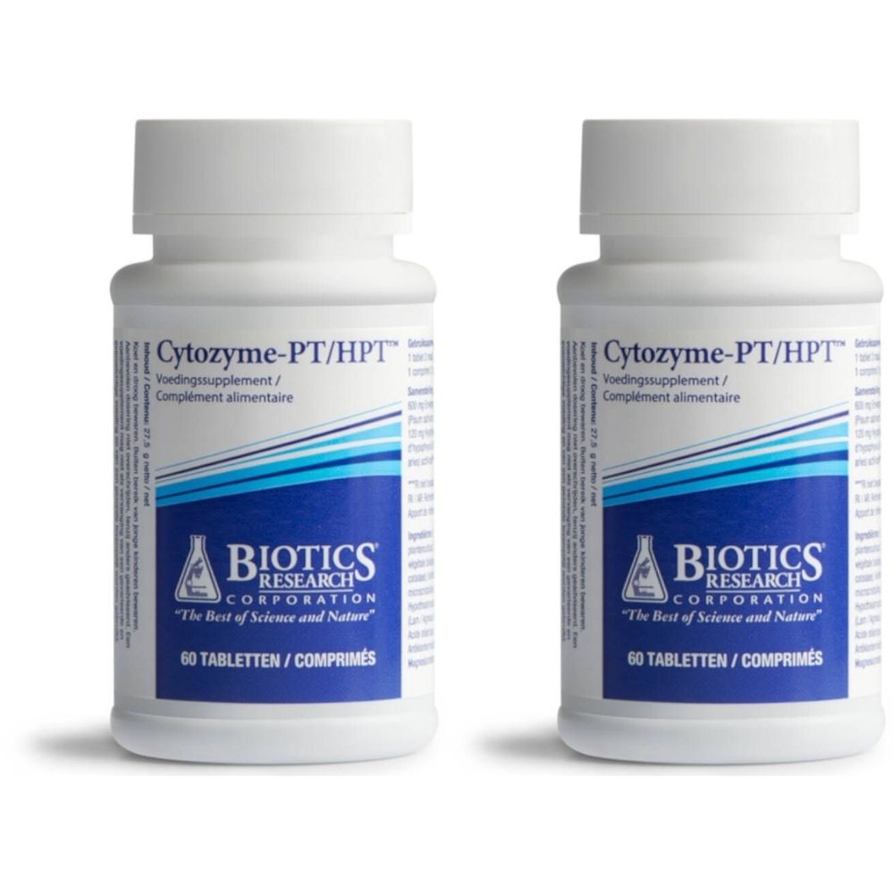 Zwei weiße Flaschen mit Schraubverschluss. Aufschrift: Cytozyme-PT/HPT, BIOTICS RESEARCH CORPORATION. 60 Tabletten/Comprimés.