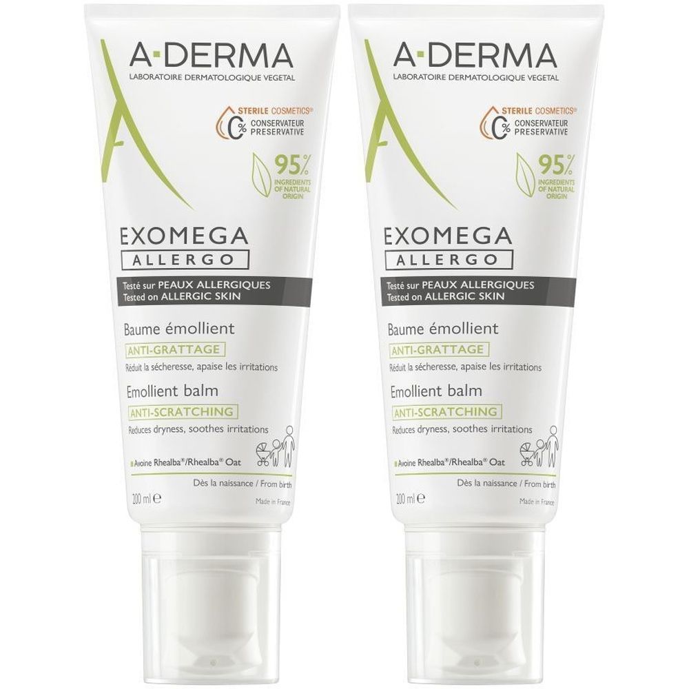 Deux tubes de Baume émollient A-DERMA EXOMEGA ALLERGO. Tubes blancs avec texte vert et noir. Inscription: EXOMEGA ALLERGO, Baume émollient.
