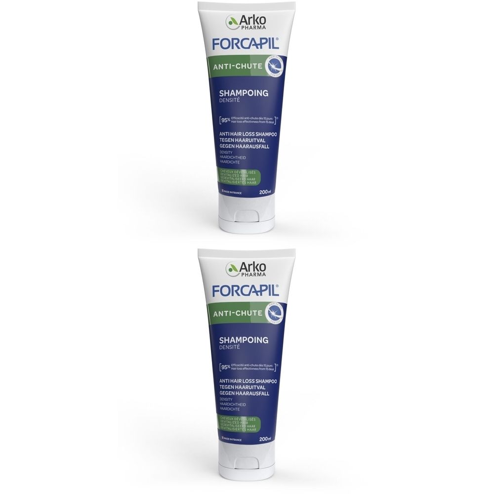 Deux tubes de shampooing. Emballage blanc et bleu avec nom et logo du produit. Texte en allemand, français et néerlandais.