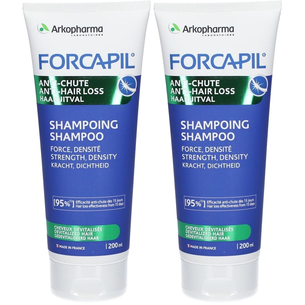 Deux tubes de shampooing. Emballage blanc et bleu avec nom et logo du produit. Texte en allemand, français et néerlandais.