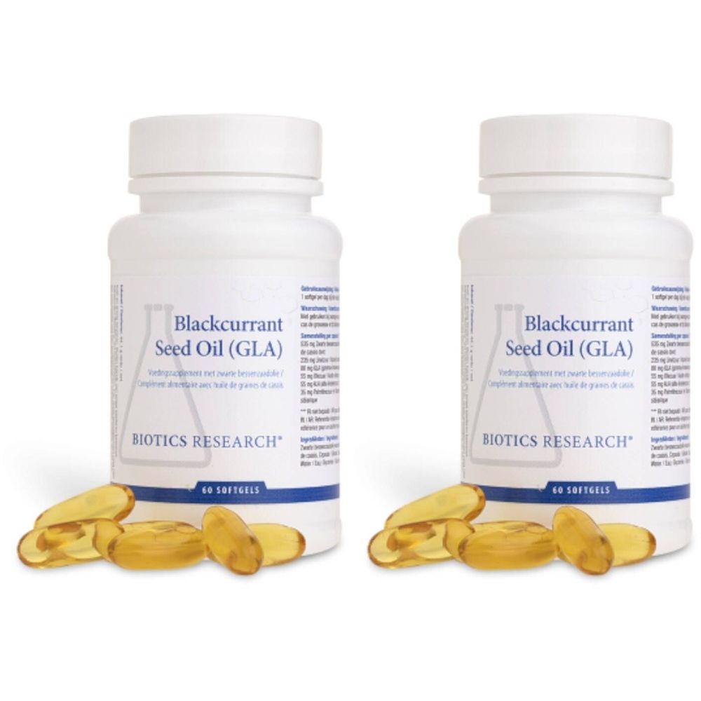 Zwei weiße Flaschen mit Kapseln und Aufschrift Blackcurrant Seed Oil (GLA). Marke BIOTICS RESEARCH. 60 Softgels.