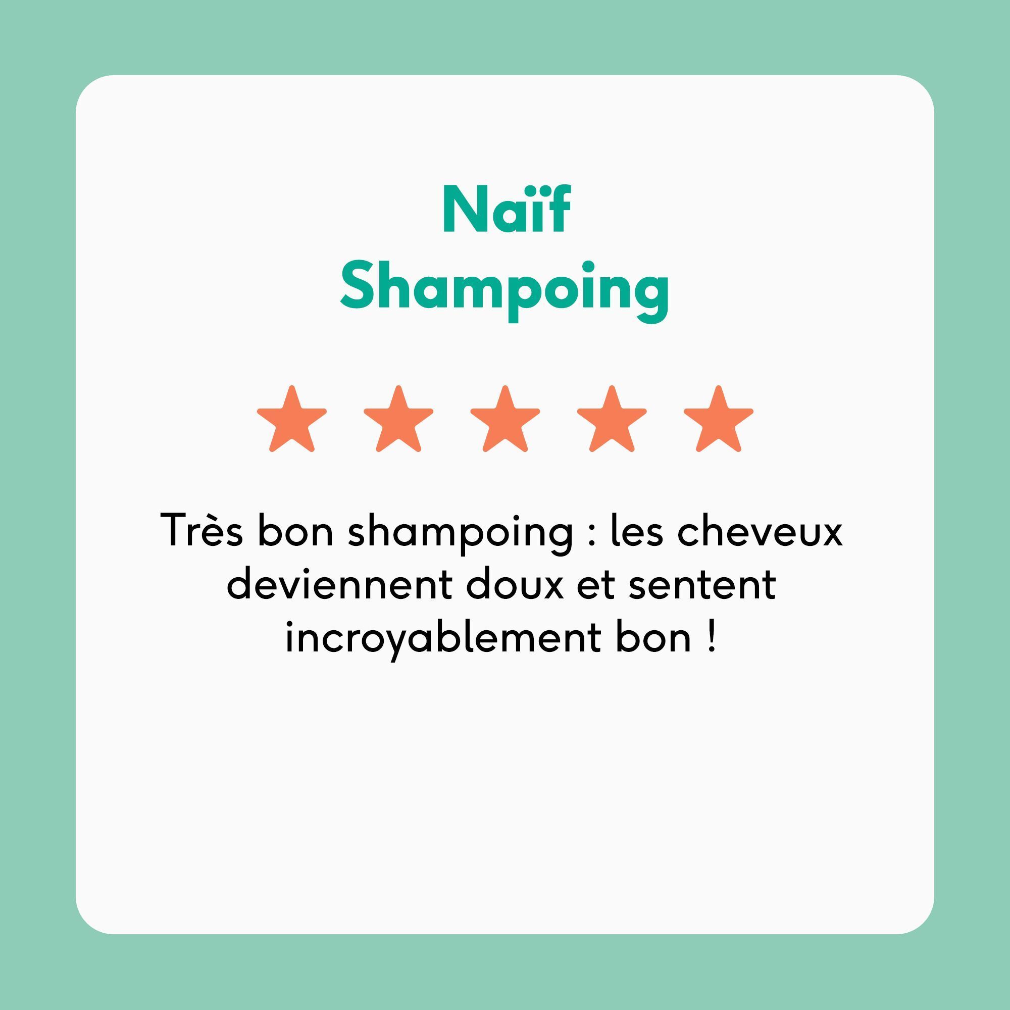Naïf Shampooing mit vier von fünf Sternen bewertet. Text: Sehr gutes Shampoo, Haare werden weich und riechen unglaublich gut.
