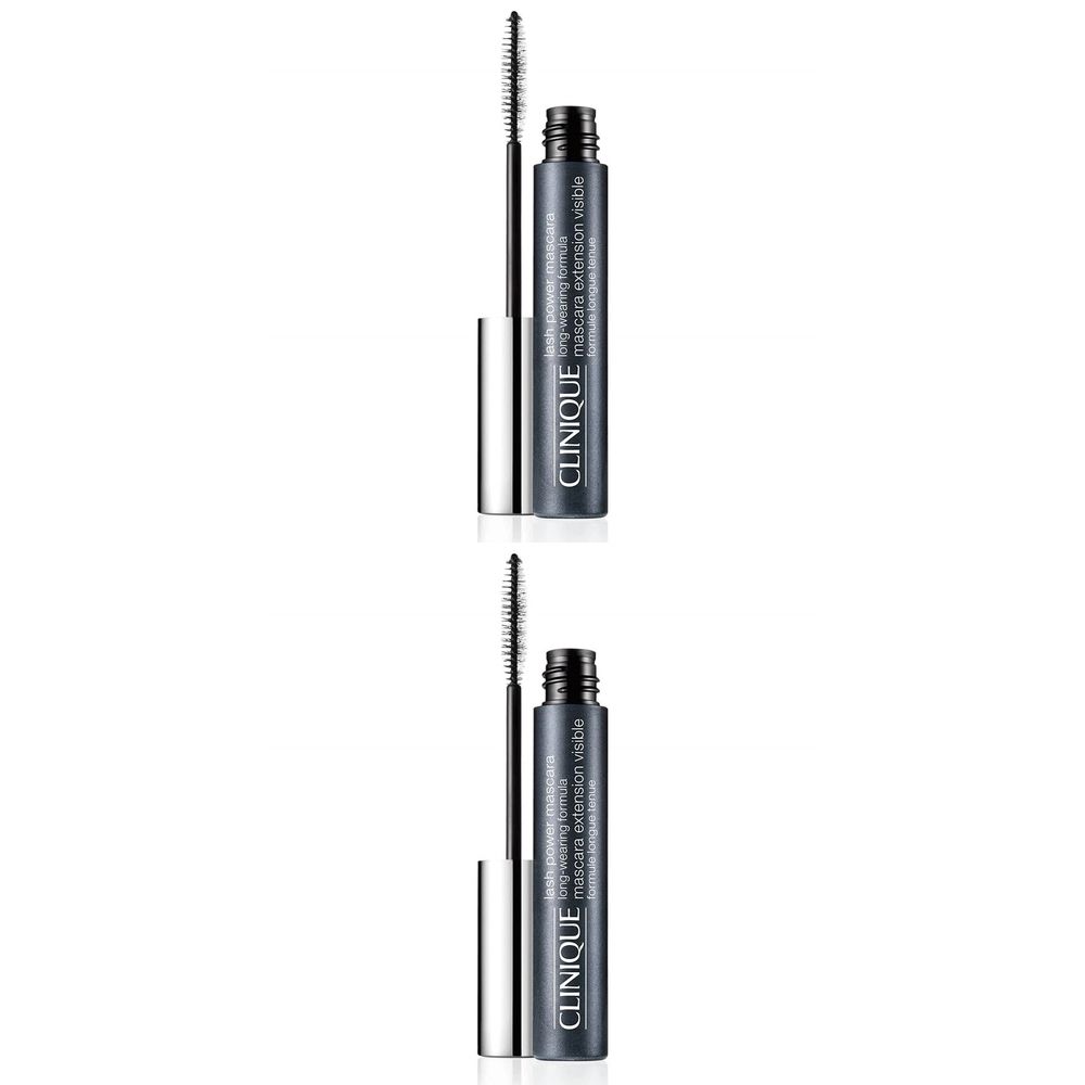 Deux tubes de mascara avec brosses. Écriture noire: CLINIQUE, Mascara Extension Visible. Capuchon argenté.