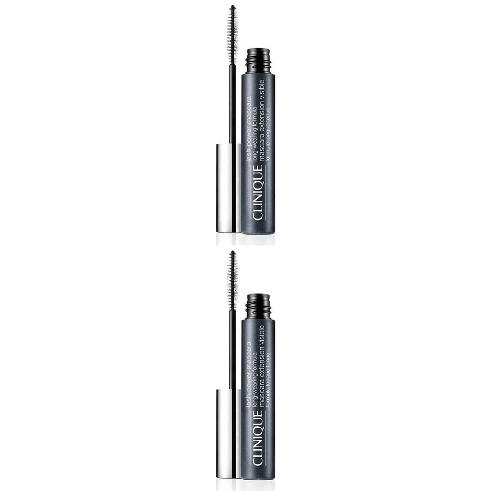Zwei Mascara-Tuben mit Bürsten. Schwarze Schrift: CLINIQUE, Mascara Extension Visible. Silberne Kappe.