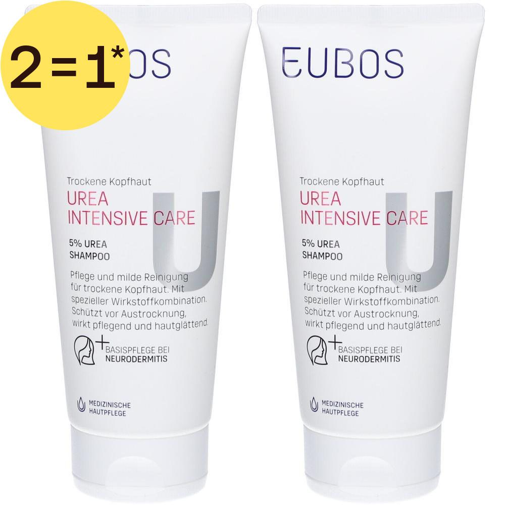 Deux tubes de shampooing EUBOS Urea 5%. Tubes blancs avec texte violet et rouge. Inscription : Urea Intensive Care, soins médicaux de la peau.