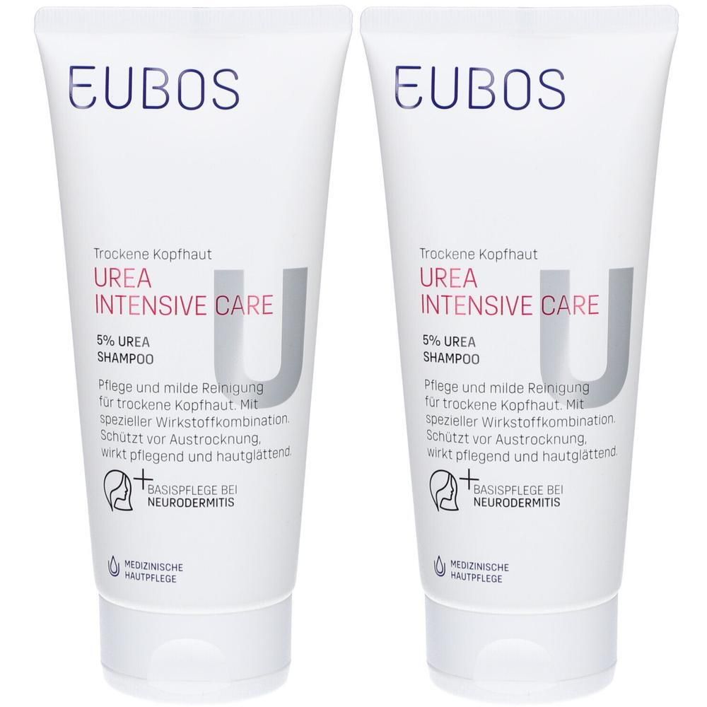 Zwei Tuben EUBOS Urea 5% Shampoo. Weiße Tuben mit lila und roter Schrift. Aufschrift: Urea Intensive Care, medizinische Hautpflege.