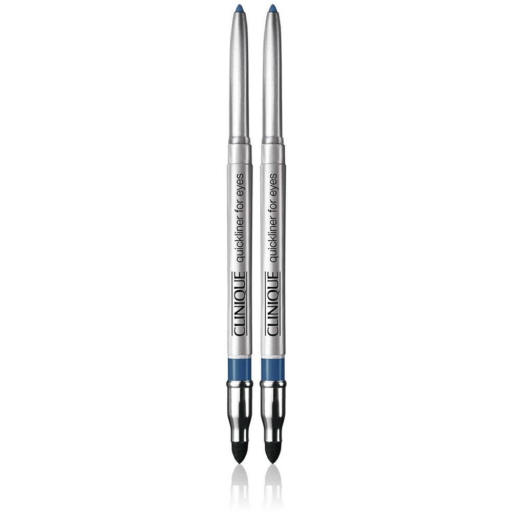 Deux crayons pour les yeux argentés avec pointes bleues. Le texte "CLINIQUE quickliner for eyes" est visible.