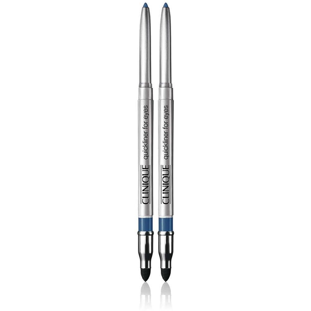 Deux crayons pour les yeux argentés avec pointes bleues. Le texte "CLINIQUE quickliner for eyes" est visible.
