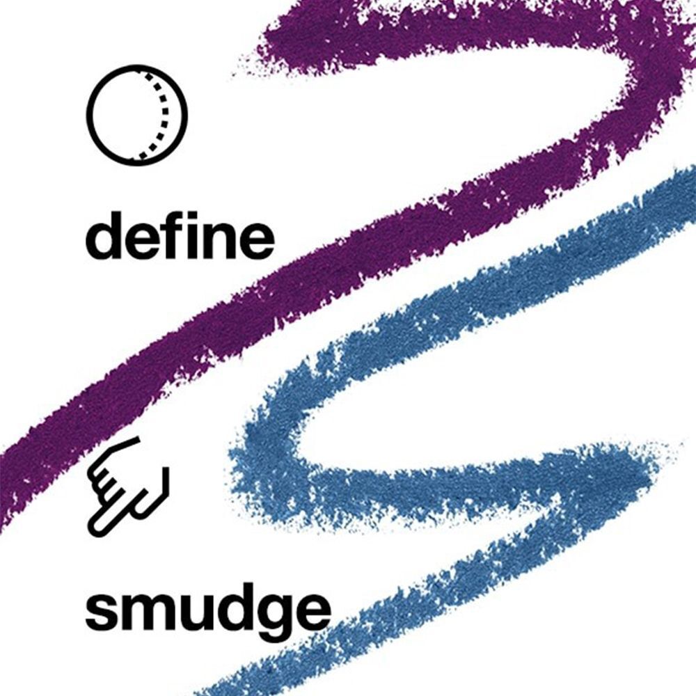Illustration avec traits d'eye-liner violets et bleus. Texte : "define" et "smudge".