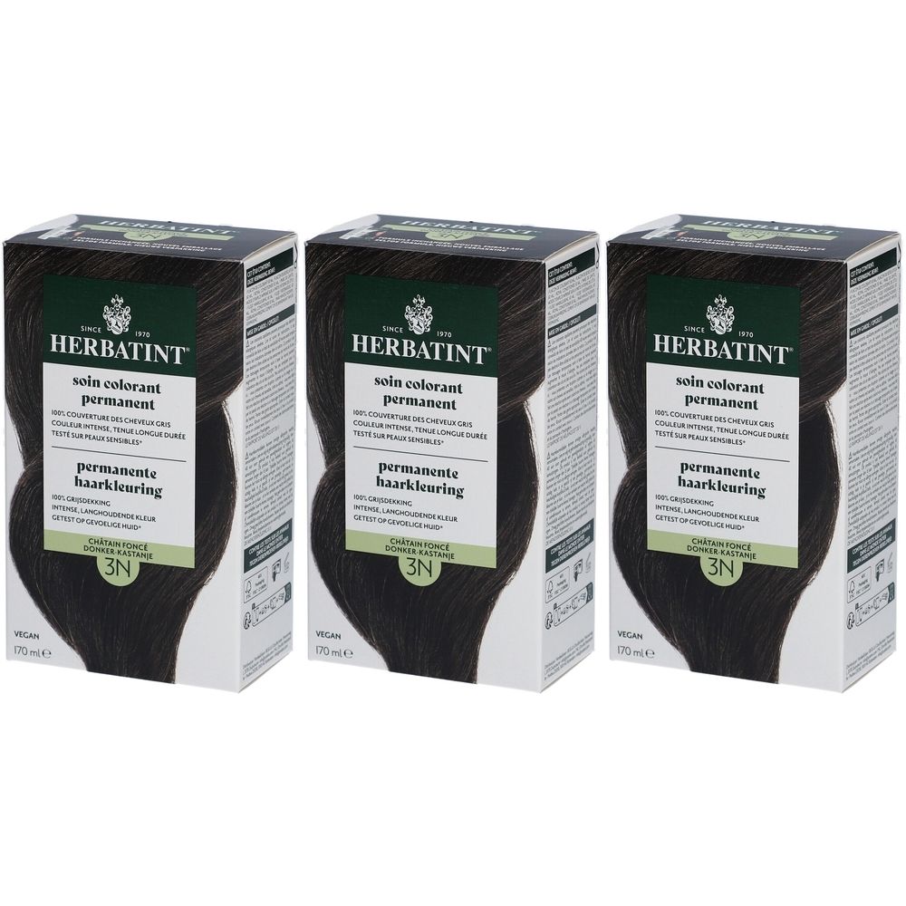 Drei Schachteln Herbatint Soin Colorant Permanent 3N. Grün-weißes Etikett, dunkle Haarfarbe. Vegan.