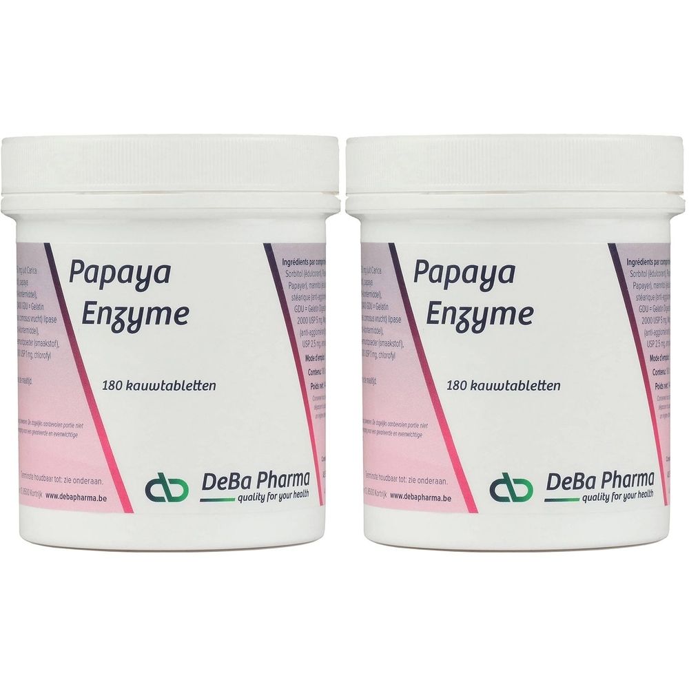 Deux pots blancs avec couvercles. Inscription: Papaya Enzyme, 180 comprimés à croquer. Logo: DeBa Pharma, qualité pour votre santé.