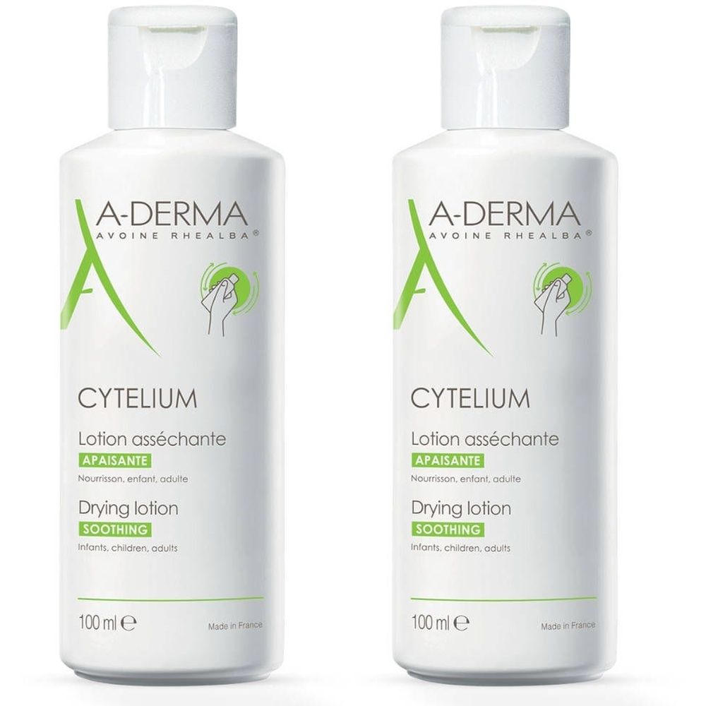 Zwei weiße Flaschen A-DERMA CYTELIUM Lotion. Aufschrift: Drying lotion, beruhigend. 100 ml.
