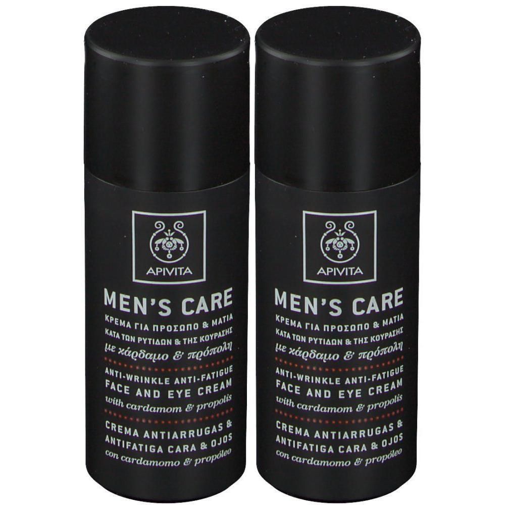 Zwei schwarze Flaschen APIVITA Men's Care Anti-Falten und Anti-Ermüdungscreme für Gesicht und Augen.