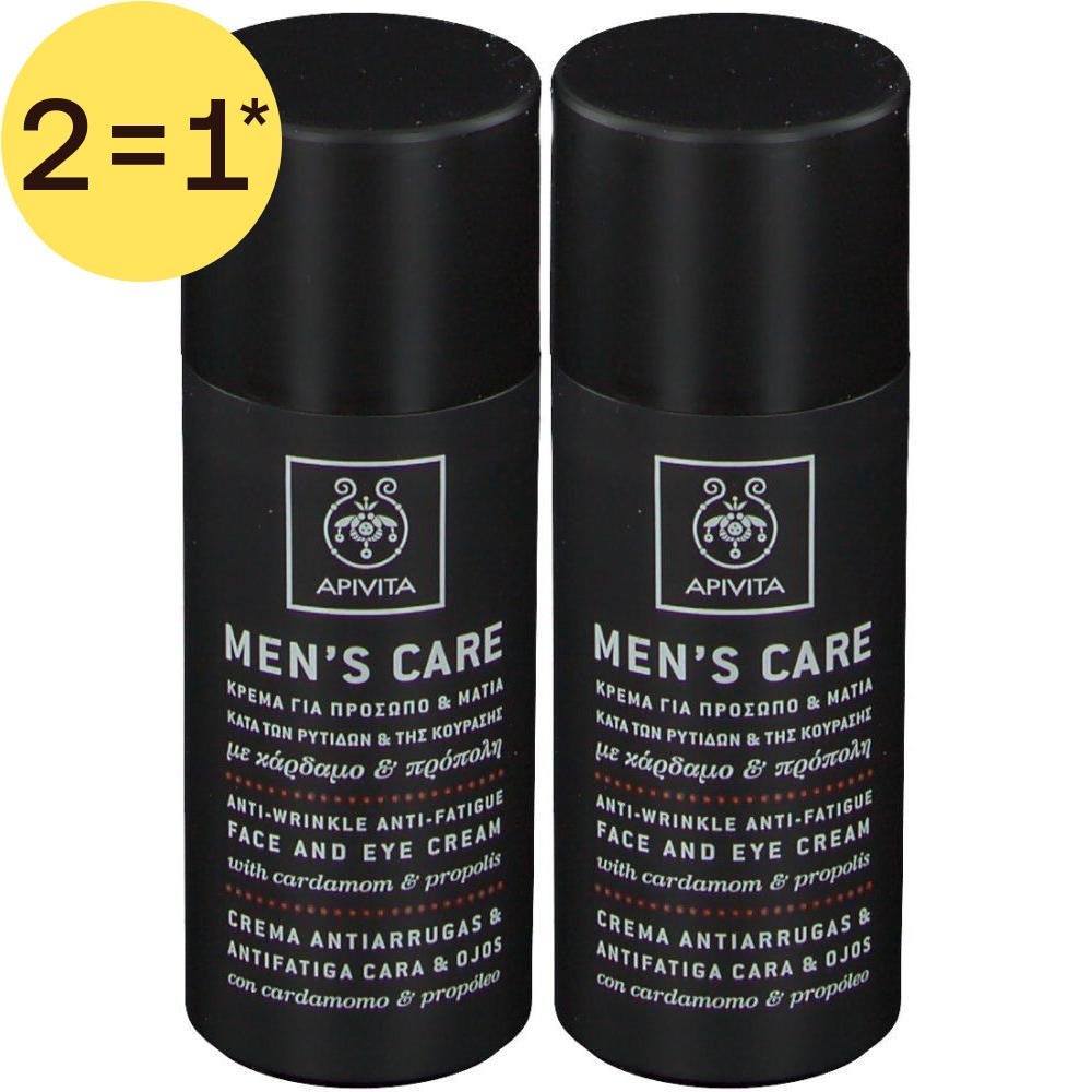 Deux flacons noirs de crème anti-rides et anti-fatigue APIVITA Men's Care pour le visage et les yeux.