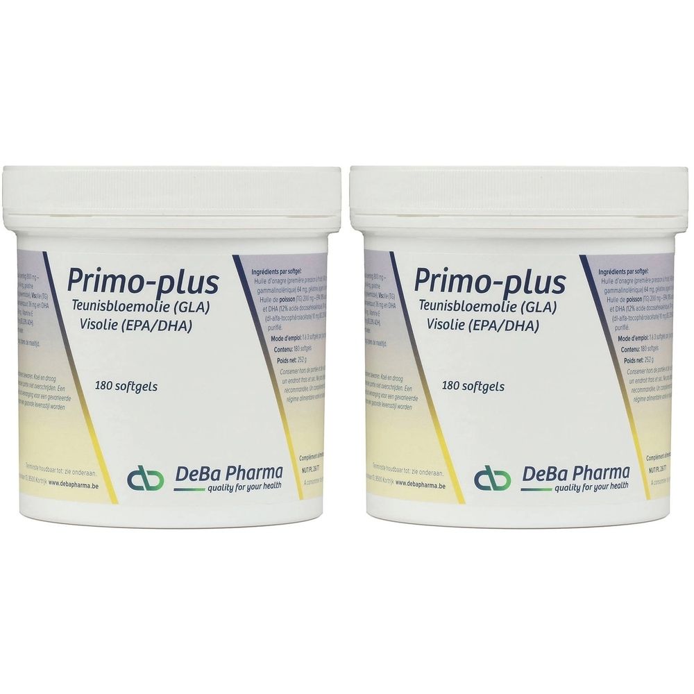 Deux pots blancs avec couvercles. Inscription : Primo-plus, Teunisbloemolie (GLA), Visolie (EPA/DHA), 180 softgels. Logo DeBa Pharma.