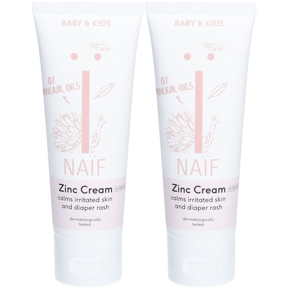 Deux tubes de crème NAÏF® Baby & Kids. Tubes blancs avec texte et illustrations roses. Texte : Zinc Cream.