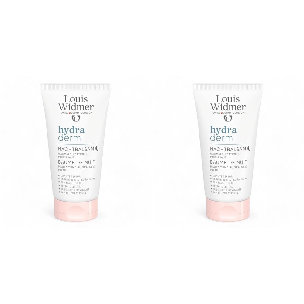 Deux tubes de Baume de nuit. Blancs, avec bouchon rose. Texte: Louis Widmer, hydra derm, Nachtbalsam, Baume de Nuit.