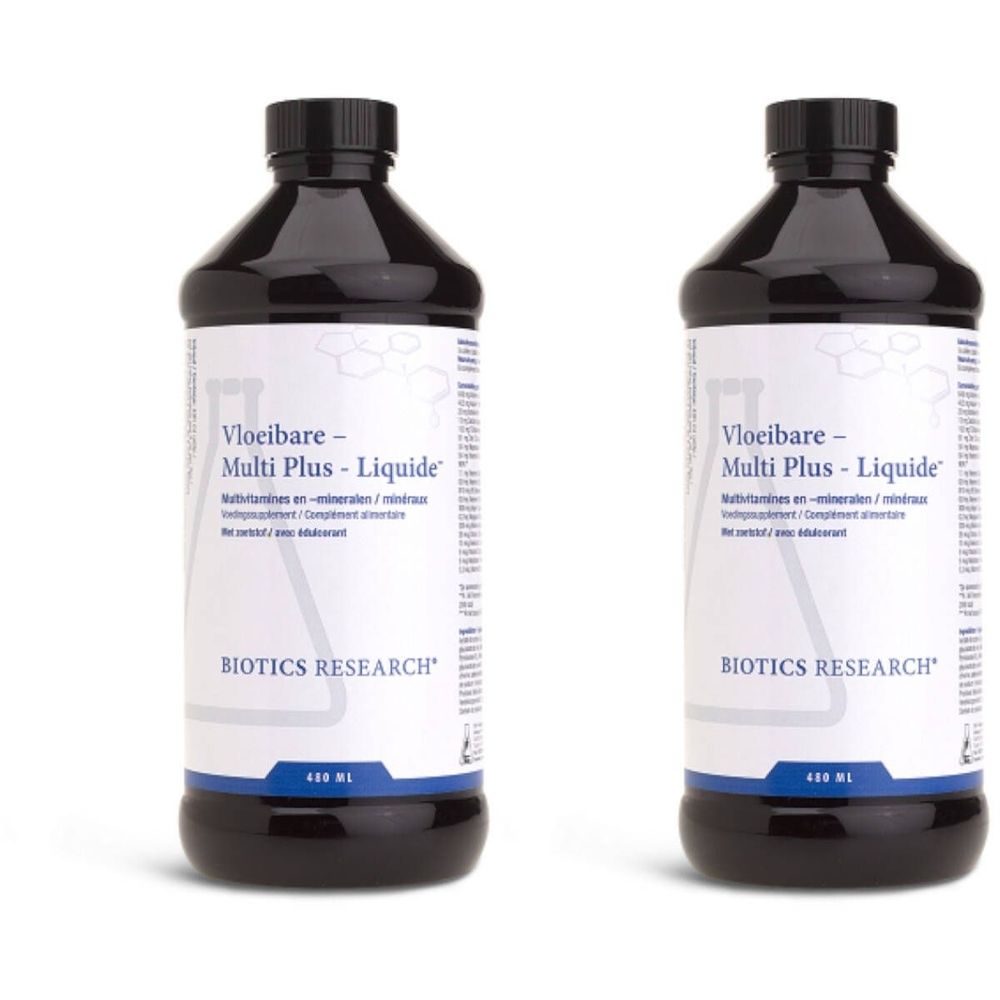 Zwei Flaschen mit schwarzem Deckel und weißem Etikett. Aufschrift: Multi Plus Liquide, BIOTICS RESEARCH. 480 ml.