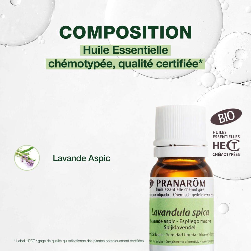 Un flacon Lavande Aspic. Texte : Huile Essentielle. Qualité certifiée. Certification Bio.