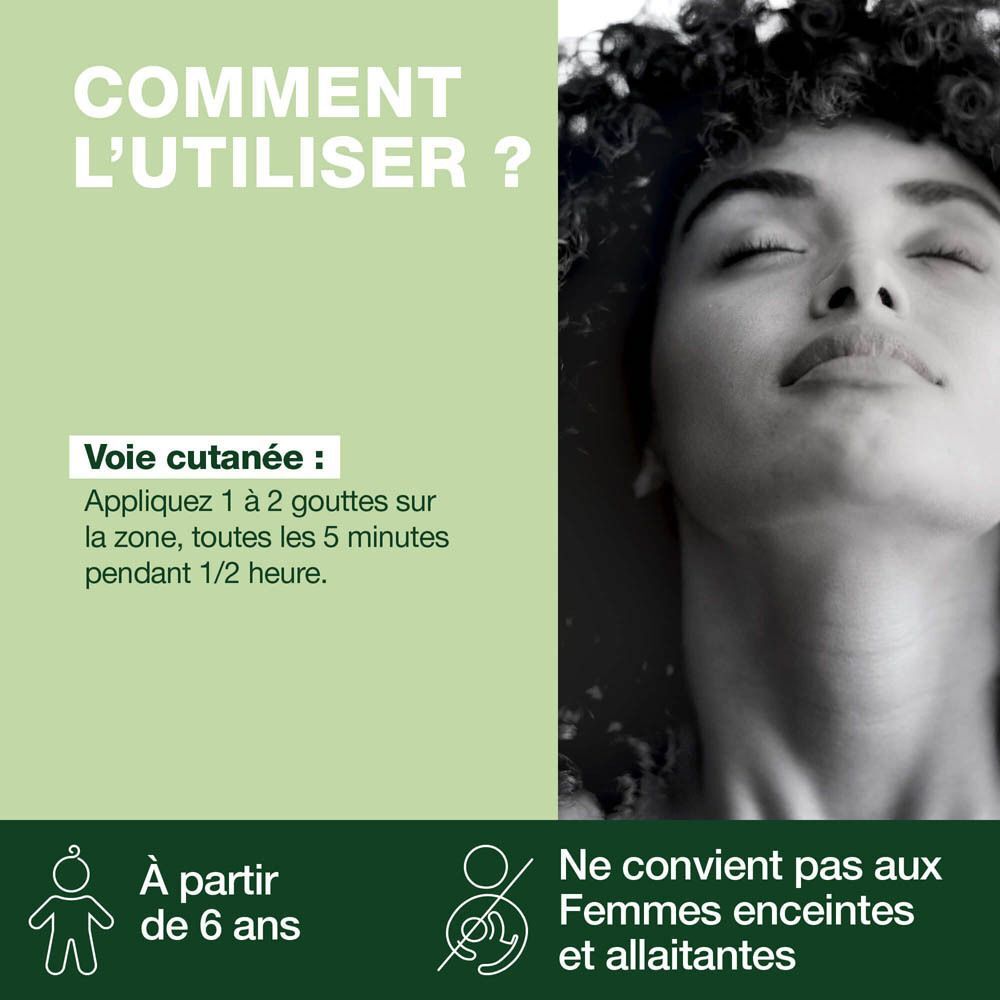Femme aux yeux fermés. Texte : Application cutanée. Ne convient pas aux femmes enceintes et enfants -6 ans.