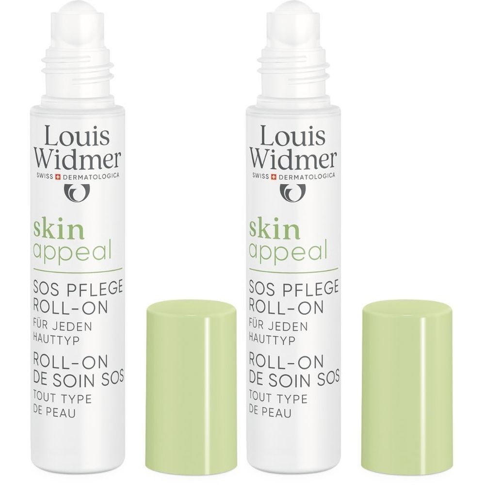 Deux flacons Louis Widmer Skin Appeal Roll-On avec bouchons verts. Étiquette blanche avec texte: Skin Appeal, SOS Pflege Roll-On.