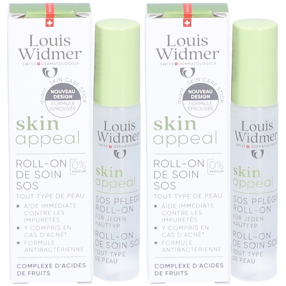 Deux boîtes de Louis Widmer Skin Appeal Roll-On. Boîtes blanches avec couvercle vert. Texte: Skin Appeal, Roll-On de Soin SOS.
