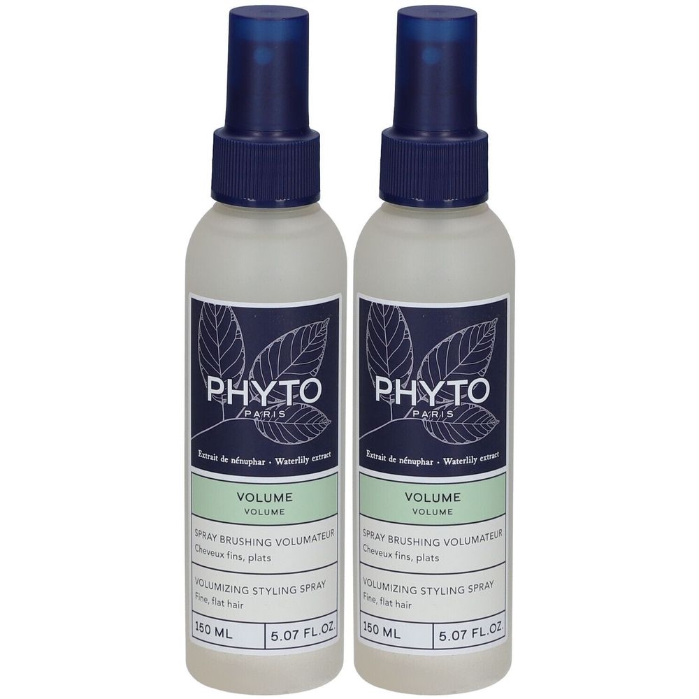 Zwei Sprühflaschen. Aufschrift: PHYT, VOLUME, Spray brushing volumateur, 150 ml, 5.07 fl.oz.