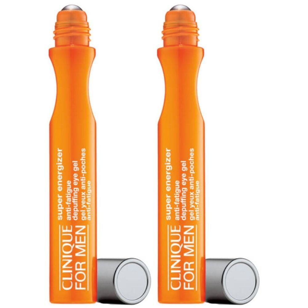 Deux Clinique For Men Super Energizer Gel Contour des Yeux Anti-Fatigue Anti-Poches dans des flacons roll-on orange avec capuchons argentés.