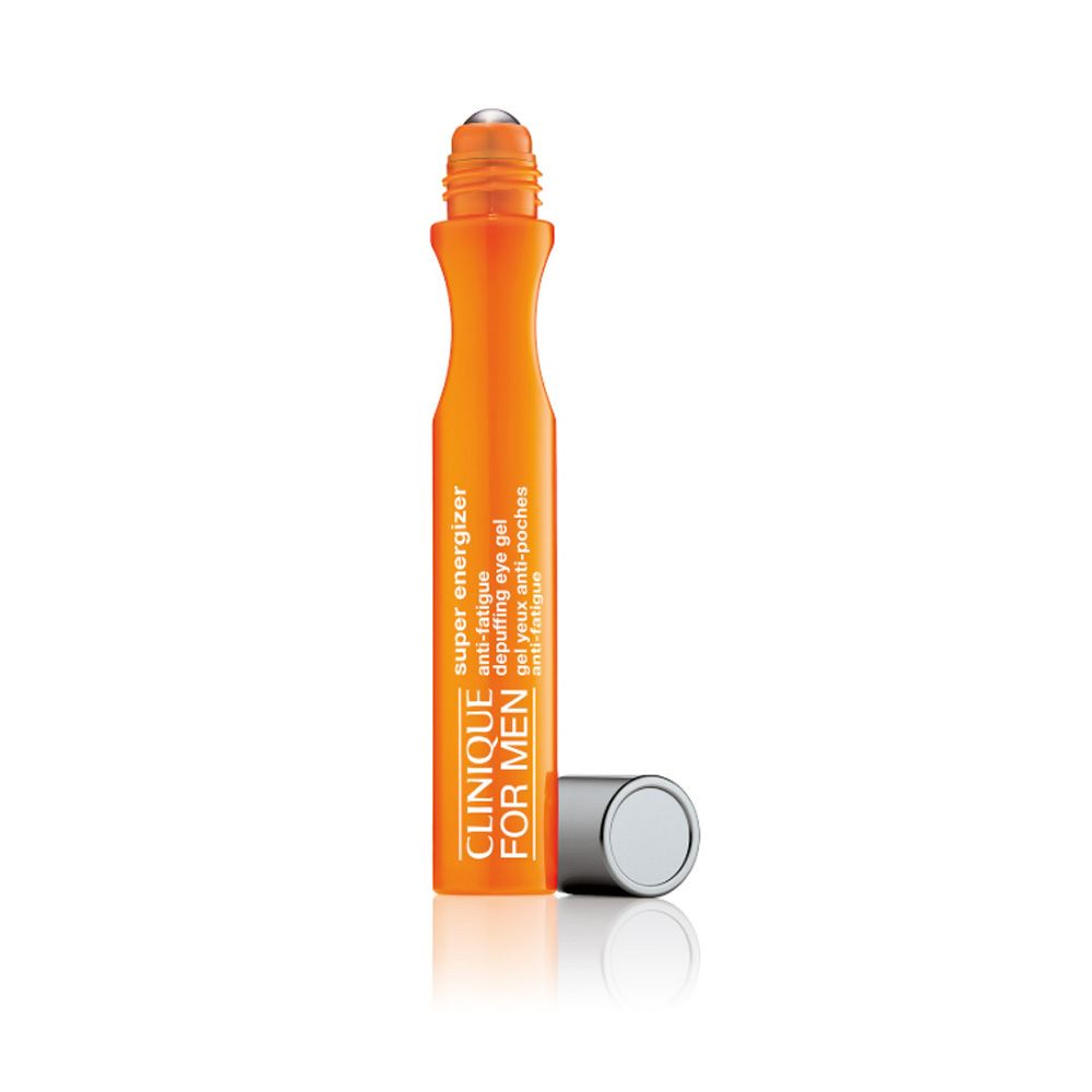 Clinique For Men Super Energizer Gel Contour des Yeux Anti-Fatigue Anti-Poches dans un flacon roll-on orange avec capuchon argenté.
