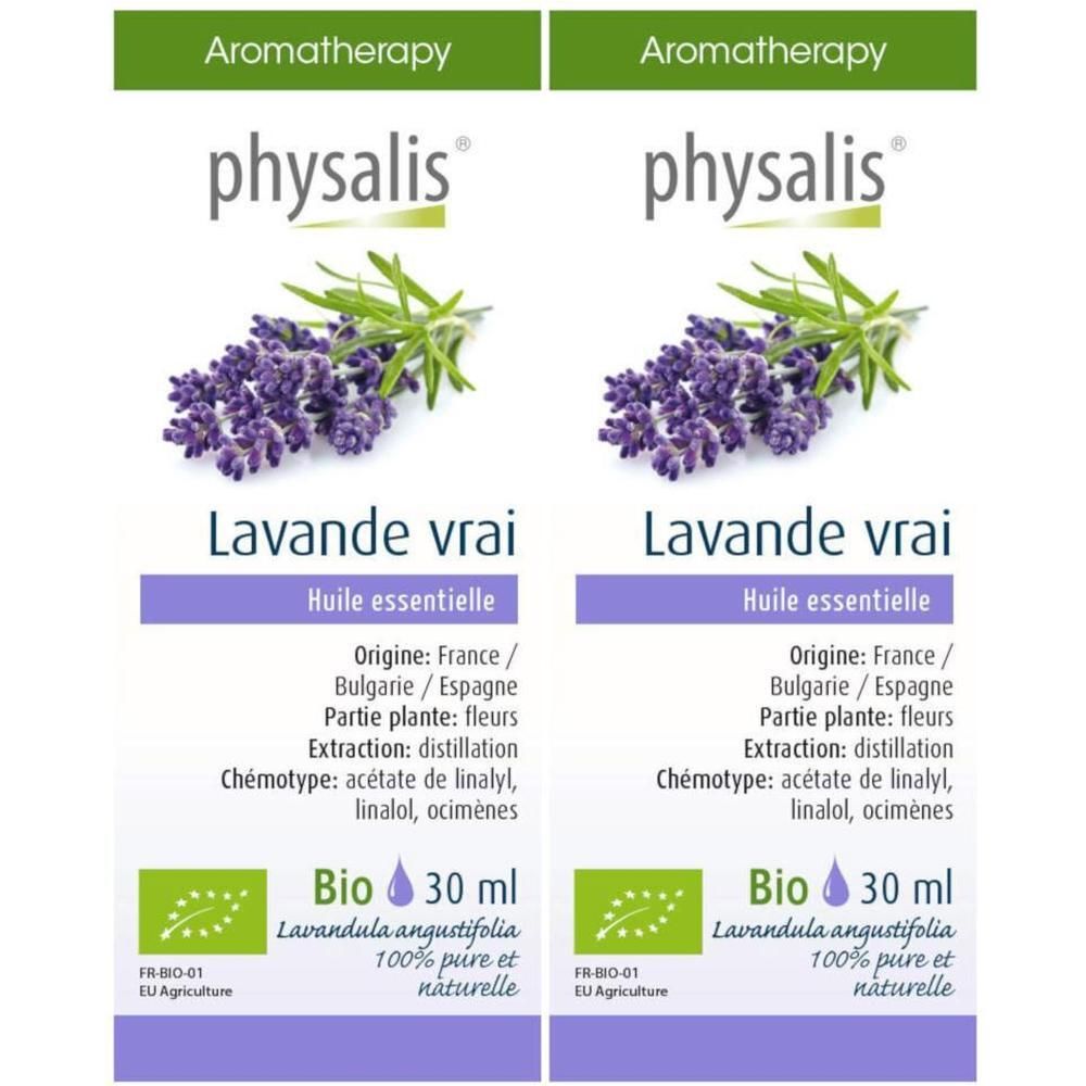 Zwei Flaschen physalis® Lavande vraie, ätherisches Öl. Etikett mit Lavendel-Illustration und Text. Bio-Zertifizierung.