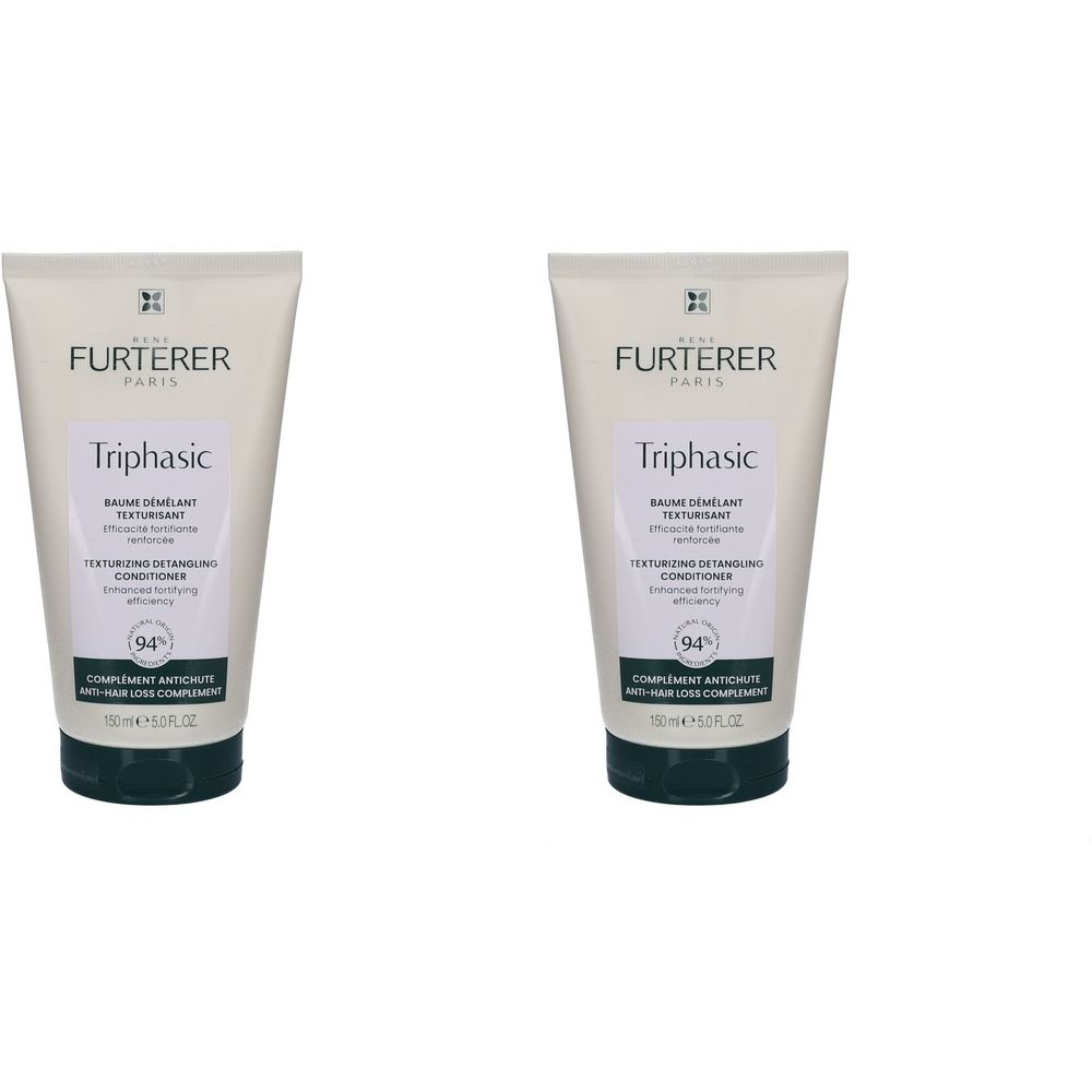 Zwei Tuben Conditioner. Creme-farbenes Gehäuse, grüne Kappe. Aufschrift: Triphasic, Texturizing Detangling Conditioner.