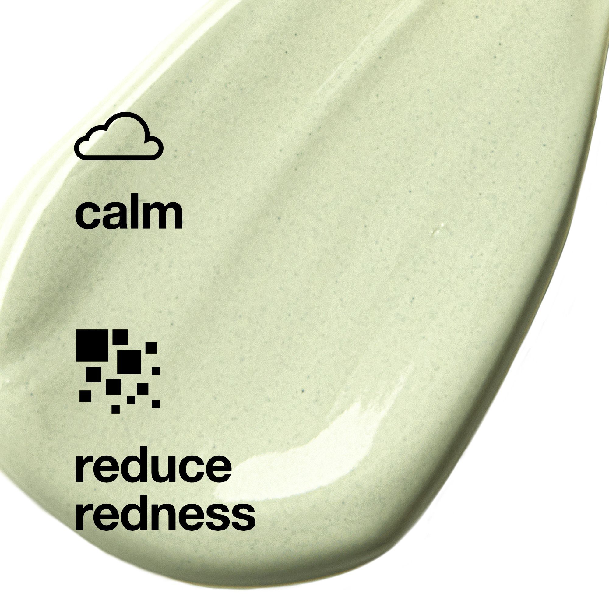 Nahaufnahme einer grünen Creme mit Symbolen: Wolke für 'calm' und Quadrate für 'reduce redness'.