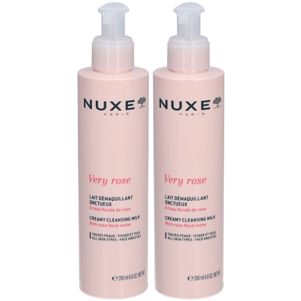 Zwei rosa Flaschen mit weißem Pumpverschluss. Aufschrift: Nuxe, Very rose, cremige Reinigungsmilch. 200 ml.