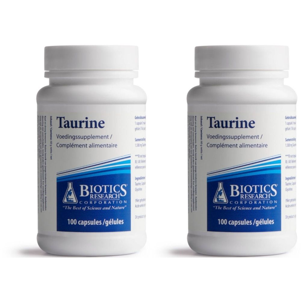Zwei weiße Flaschen mit dem Produktnamen „Taurine“. Auf jeder Flasche steht „BIOTICS RESEARCH CORPORATION“ und „100 capsules/gélules“.