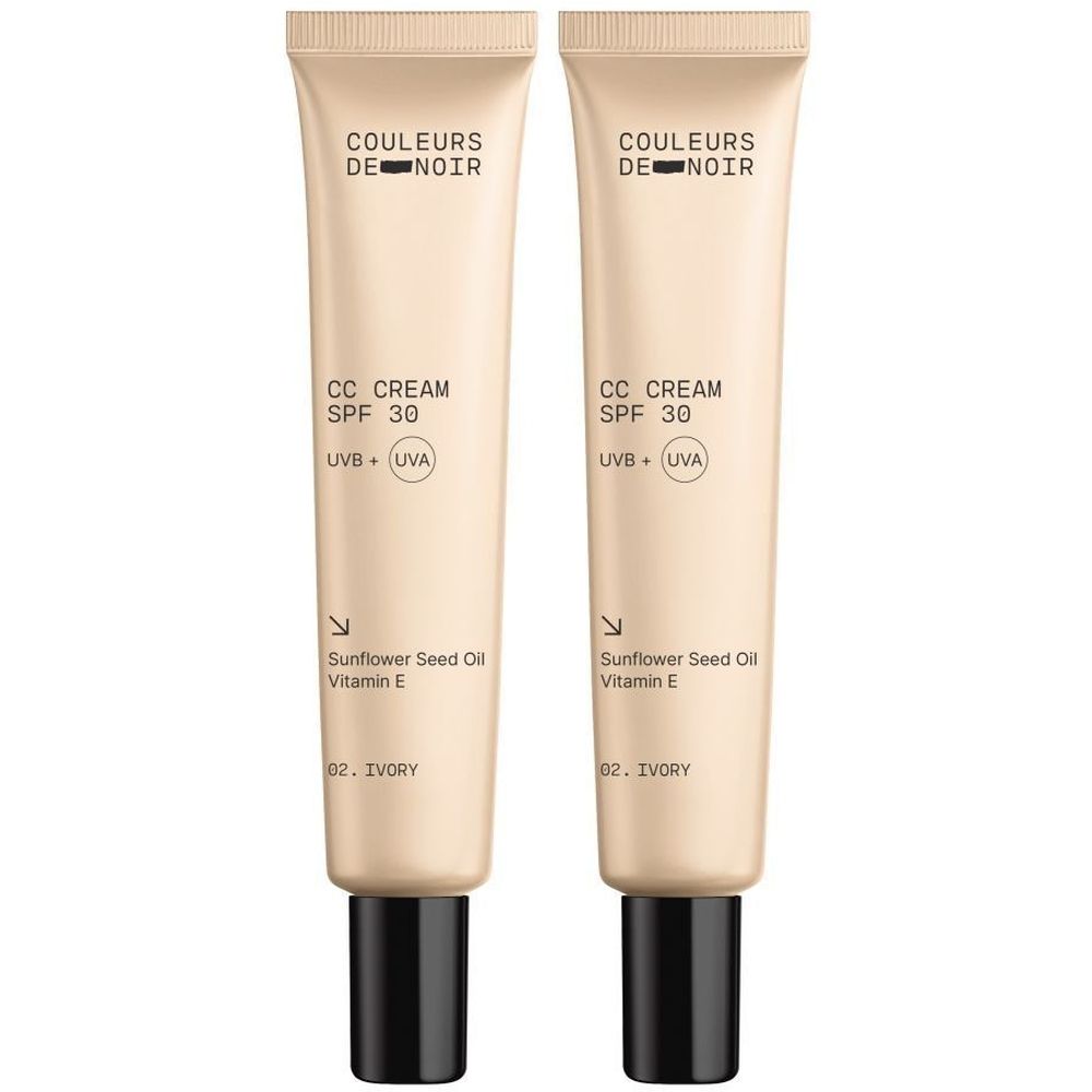 Zwei Tuben Couleurs de Noir CC CREAM SPF30 02 Ivory. Beige Tuben mit schwarzem Deckel. Text: CC CREAM, SPF 30, UVB + UVA.