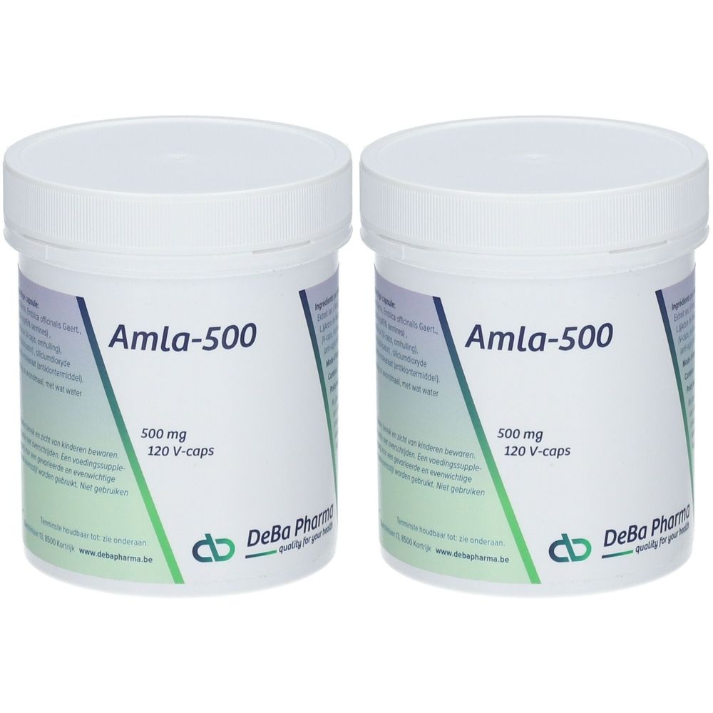 Zwei weiße Behälter mit Deckel. Aufschrift "Amla-500", "500 mg", "120 V-caps" und Logo "DeBa Pharma".