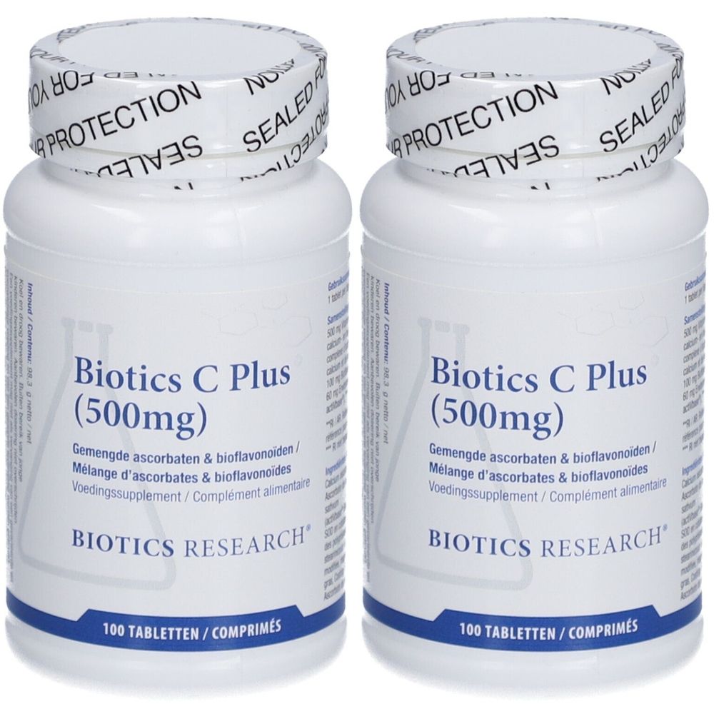 Zwei weiße Flaschen mit „Biotics C Plus (500mg)“. Aufschrift: „BIOTICS RESEARCH“. Verschluss mit „SEALED FOR PROTECTION“.