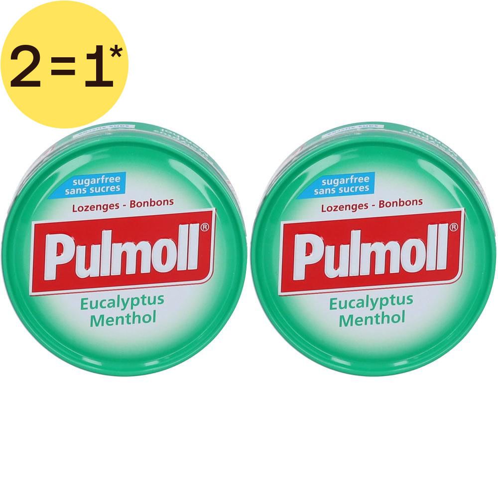 Deux boîtes rondes vertes de pastilles. Inscription: Pulmoll, Eucalyptus Menthol, sans sucre.
