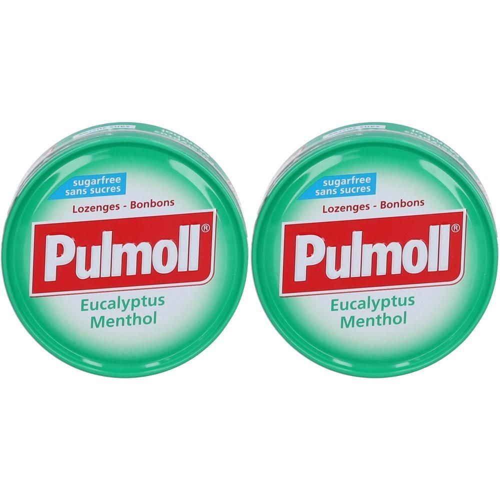 Zwei grüne Pastillendosen. Aufschrift: Pulmoll, Eucalyptus Menthol, zuckerfrei. Runde Form.