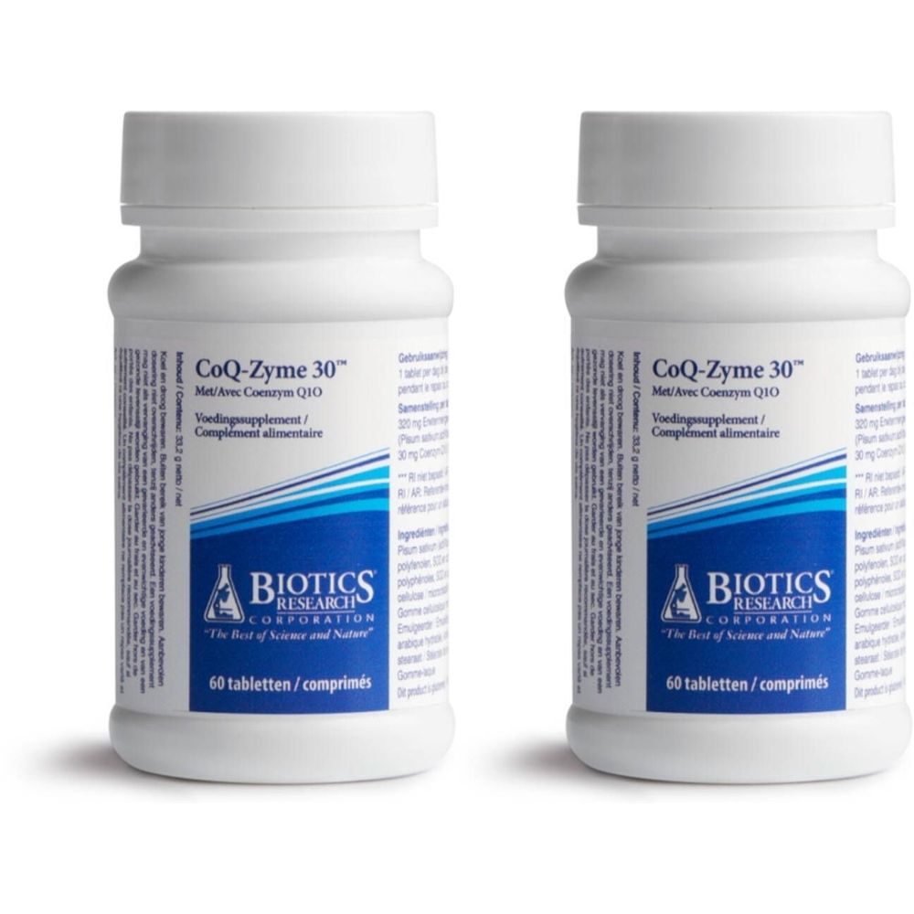 Zwei weiße Flaschen mit dem Produktnamen CoQ-Zyme 30. Aufschrift: BIOTICS RESEARCH CORPORATION. Jede Flasche enthält 60 Tabletten.