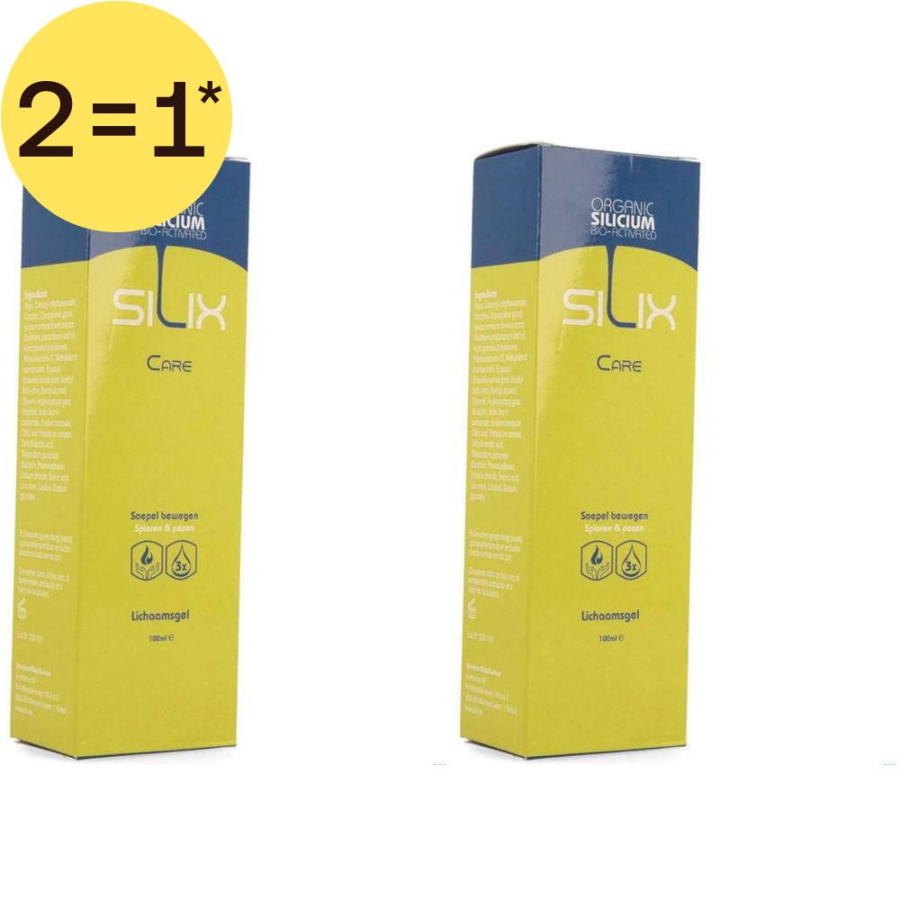 Deux boîtes jaunes avec couvercle bleu. Inscription SILIX Care. Texte et symboles sur le devant.