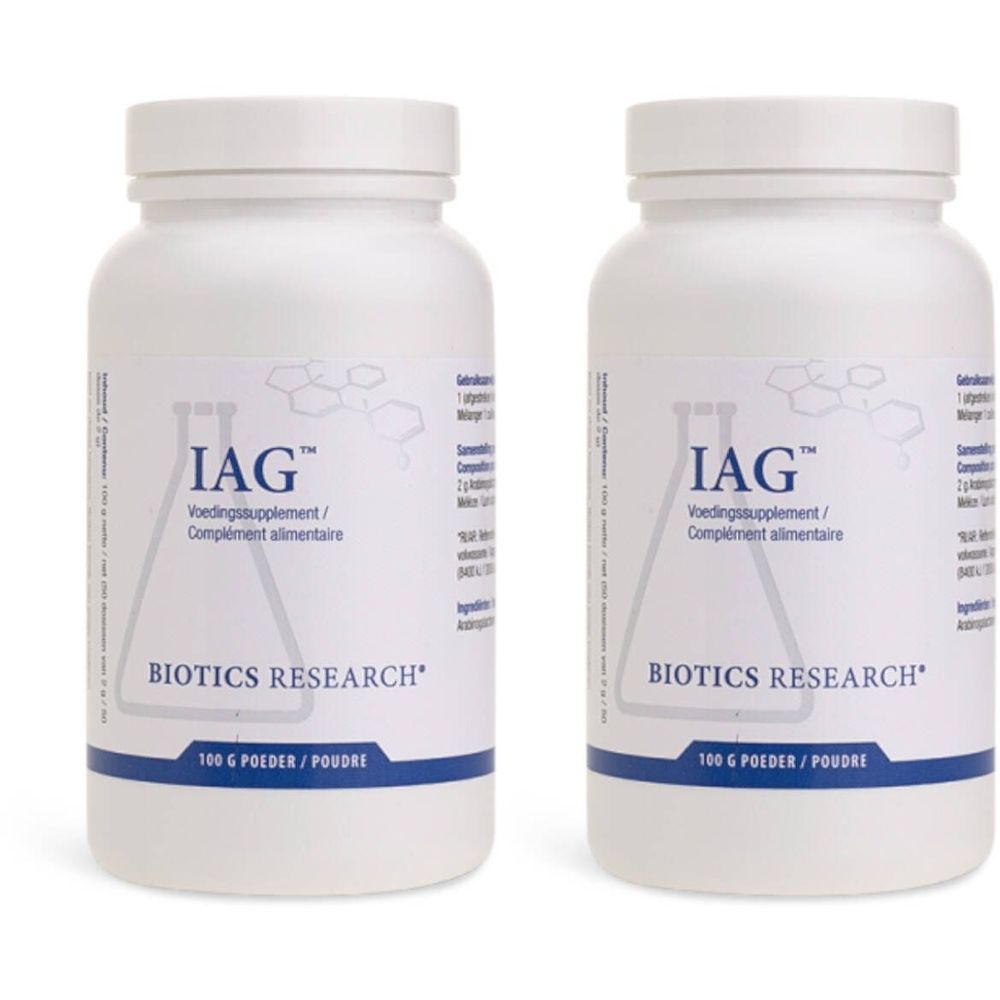 Zwei weiße Flaschen mit dem Aufdruck "IAG" und "BIOTICS RESEARCH". Text in Deutsch, Französisch und Niederländisch. 100 g Pulver.