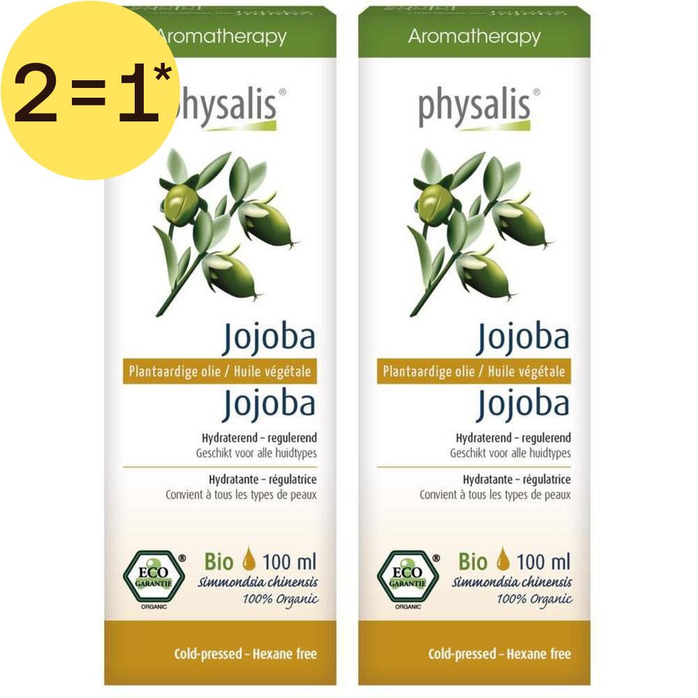 Deux emballages d'huile de Jojoba. Étiquettes vertes avec illustration végétale et texte. Certification Bio. Flacons non visibles.
