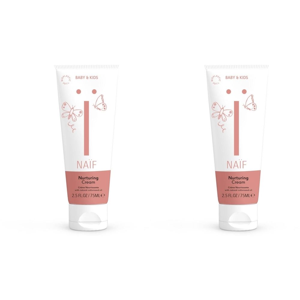 Deux tubes de crème pour bébé. Blanc, avec des accents roses et des imprimés. Inscription : NAÏF, Nurturing Cream.