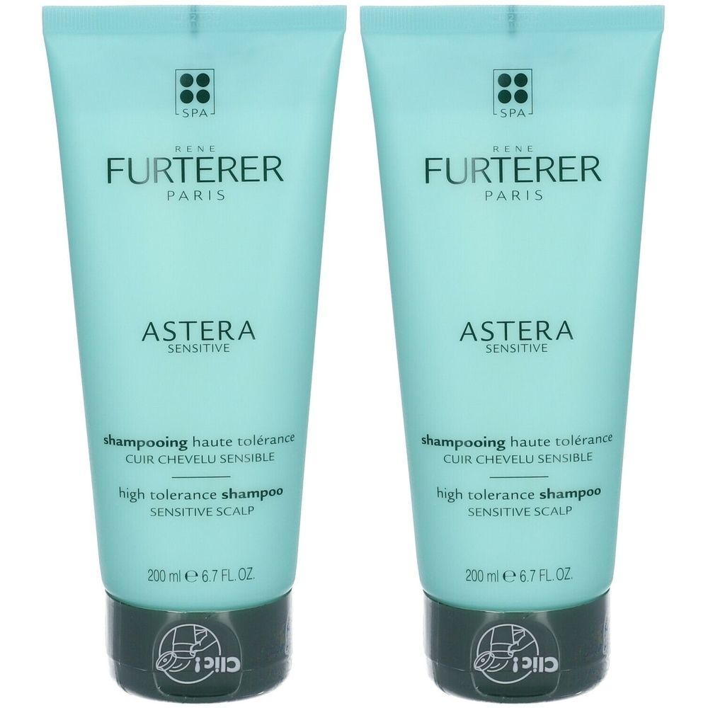 Deux flacons de shampooing turquoise clair. Inscription: René Furterer Paris, Astera Sensitive. Texte en français et anglais.