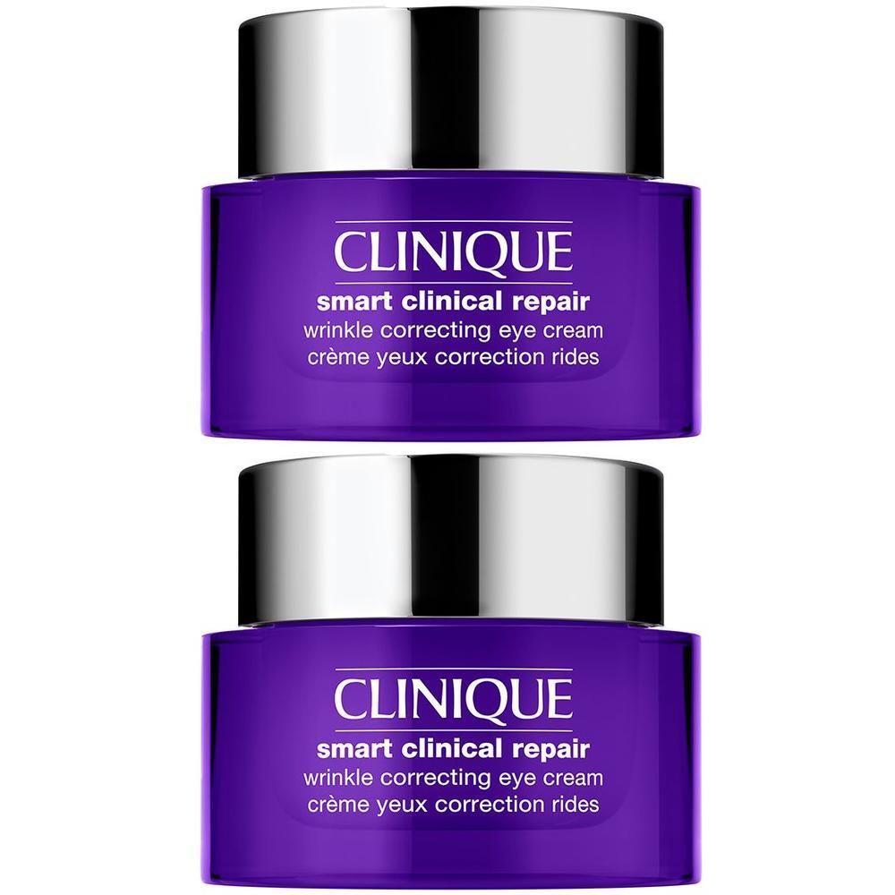 Zwei lila Tiegel mit silbernen Deckeln. Auf den Tiegeln steht "CLINIQUE Smart Clinical Repair" und "crème yeux correction rides".