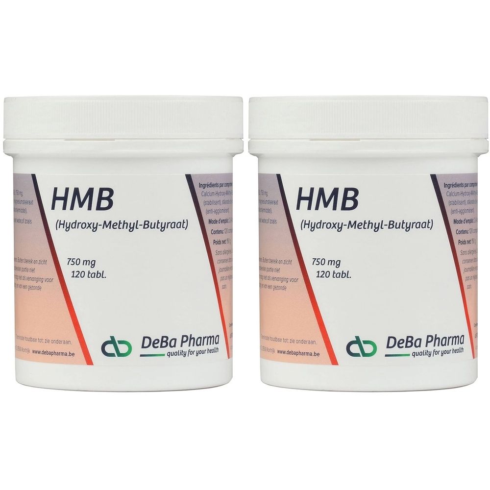 Deux pots blancs avec couvercles. Inscription HMB, 750 mg, 120 comprimés. Logo et texte DeBa Pharma.
